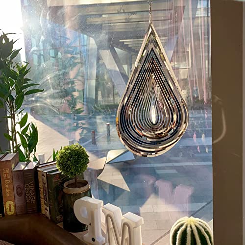 Jorontall Wind Spinner Stainless Steel 3D Flowing Light Effect Decoration For Outdoor Garden Hanging Decor Gifts 12“X 8“ Silver Water Drop-Shaped Spinners With 360° Rotating Hook #TOP1