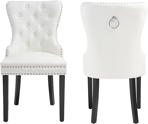 Miniatura 25 de Juego de 2 sillas de comedor de cuero PU, sillas de comedor tapizadas acolchadas con anillo de tracción y patas de madera maciza, negro