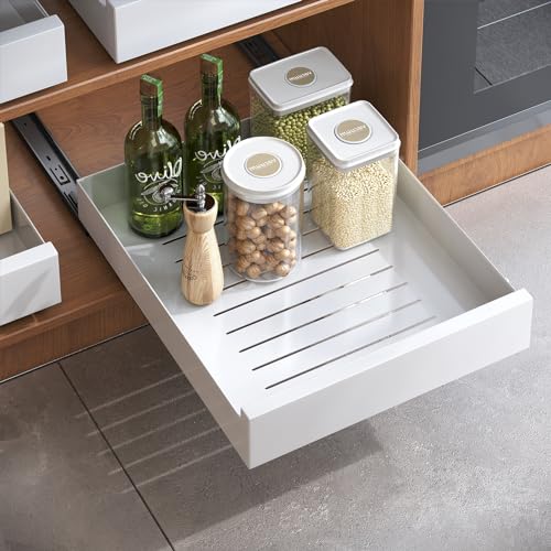 Kitstorack Organizzatore estraibile per armadietti, mensola per armadi da cucina, cassetto scorrevole resistente, non c'è bisogno di trapano e chiodi, 43Profondità x 35Larghezza x 8Altezza cm
