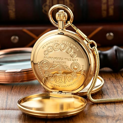 Image of Men's Mechanical Pocket Watch with Chain, Vintage Full Copper Hand-Wind Second&24hours Sub-dials Pocket Watches for Men with Box