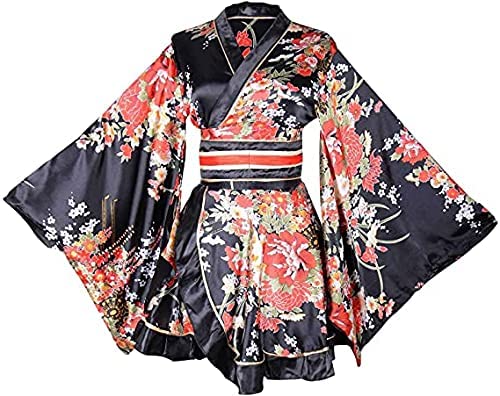 shiyimaogx Kimono-Kostüm für Damen, traditioneller japanischer Kimono, florales Satin, black out, Einheitsgröße