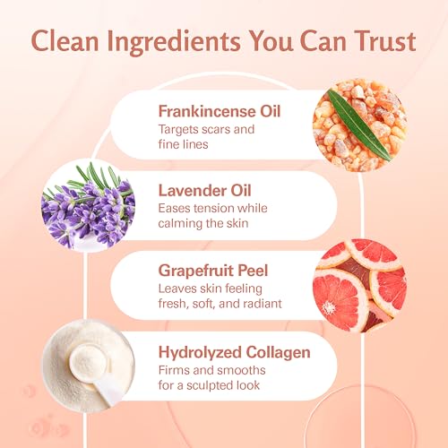 Image of Frankincense Essential Massage Oil for Scars, Stretch Marks & Fine Lines, Firming, Hydrating, Smoothing & Calming Formula with Collagen, Stem Cells, Lavender & Grapefruit, 8 fl oz, by M3