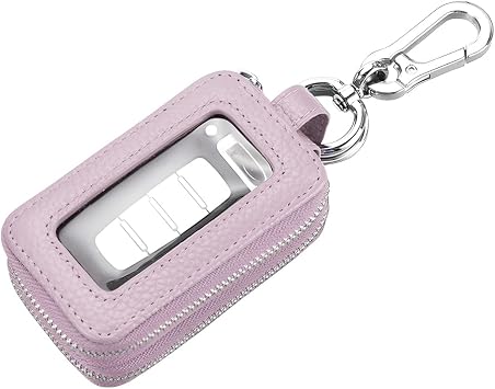BELOMI Car Key Fob Case, Genuine Leather Remote Keychain Bag with Lanyard and Zipper Closure, Key Protection Cover for Men Women Purple