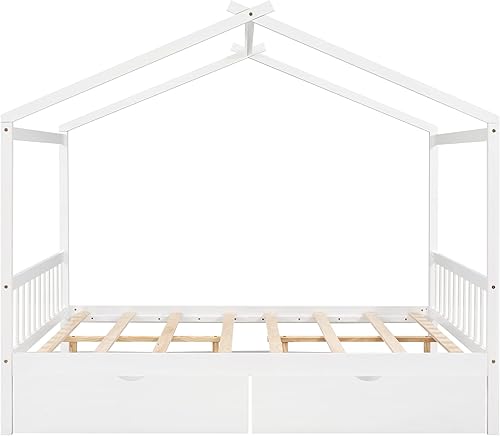 Miniatura 6 de MERITLINE Cama de casa matrimonial para niños, cama Montessori de tamaño matrimonial con 2 cajones de almacenamiento, cabecera y estribo, cama de