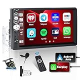Camecho Single Din Apple Carplay Car Stereo Android Auto, 7”Touch Screen Car Radio with Bluetooth FM Radio iOS/Android Mirror Link TF/USB/AUX Input 1 Din Head Unit Receiver+ Backup Camera + Mic