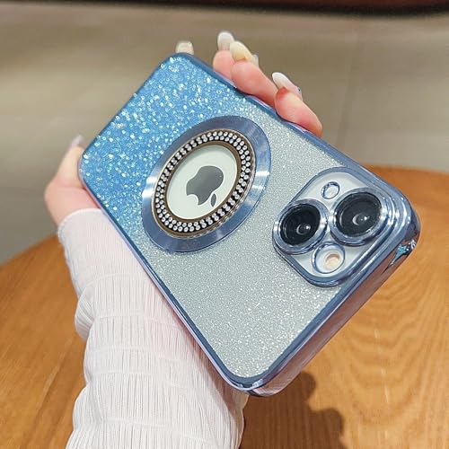 Image of Misscase for iPhone 14 Magnetic Case Compatible with MagSafe,Full Protection Slim Shockproof Anti-Scratch Glitter Case with Camera Lens Protector Logo View Dust-Proof Net for Women Blue