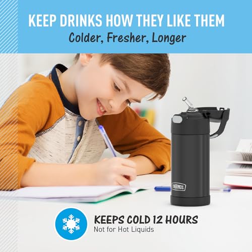 Image of THERMOS FUNTAINER Water Bottle with Straw, 12oz, Black | Kids Stainless Steel Insulated Water Bottle, Keeps Drinks Cold Longer for School & Play, BPA-Free