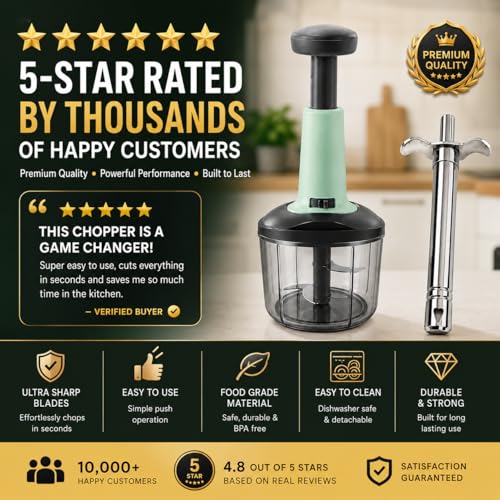 Image of Chopper for Kitchen Use 900 ML, Push Chopper with 4 Blades, Vegetable Chopper Kitchen Items for Home Cutting Vegetables, Onion, Ginger, Garlic, Salad, Tomato, Potato (Multicolour)