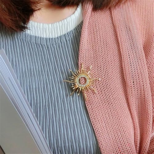 Image of Fashion Sun Brooch Pins For Women Men Gold-Tone Plated Sparkly Cz Crystal Baroque Celestial Sunshine Round Shape Lapel Badges Creative Clothes Shirt Accessories Birthday Holiday Jewelry Gift Best Friend