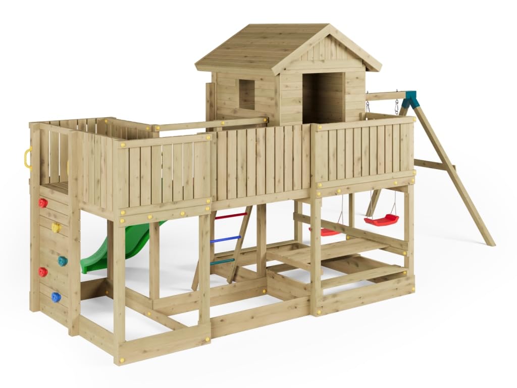 Longstepper Stelzenhaus Grün 575x300x275 cm, Kesseldruckimprägniertes Garten Spielhaus, Inklusive Doppelschaukel Rutsche Kletterwand Und Picknicktisch, Robustes Holz Spielgerät Für Den Garten, 0 x ...