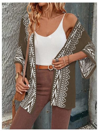 Image of WDIRARA Women's Tribal Boho Cardigans Open Front Knit Lightweight Short Sleeve Kimonos Sweater