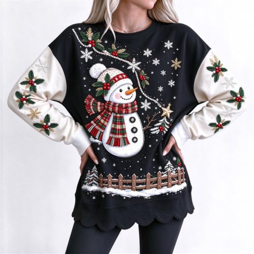 Womens Christmas Sweatshirt Snowman Graphic Scalloped Hem Crewneck Pullover | Winter Trends for Women 2026, Christmas, Snowman, Cotton, Cozy, Family, School, Weekend, Everyday, Travel, Casual, Work - image 4