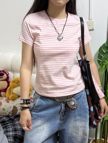 Image of Cute Striped Graphic Tees for Women Y2k Short Sleeve Preppy Teen Crop Tops