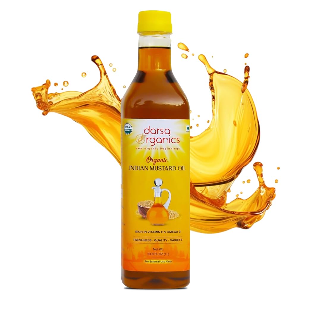 Darsa Organics Mustard Oil for Hair Growth, Skin and Massage, 33.8 oz (1000ml), USDA Organic Cold Pressed Mustard Seed Oil, Pure and Unrefined, Rich