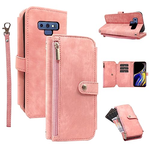 Image of Compatible with Samsung Galaxy Note 9 Wallet Case 9 Card Slots Retro Leather Flip Card Holder Stand Cell Accessories Strap Rugged Wrist Credit Purse Folio Phone Cover for Note9 Not S9 Women Men Pink