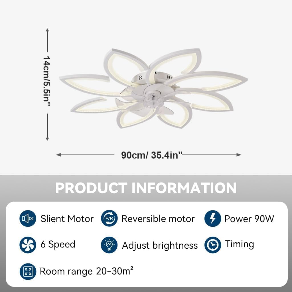 35" Ceiling Fans With Lights and Remote,Low Profile Ceiling Fan 6 Speed Super Quiet Reversible Motor,Modern Ceiling Fan With 3 color Stepless Dimmable for Bedroom/Living Room/Kids Room(White)