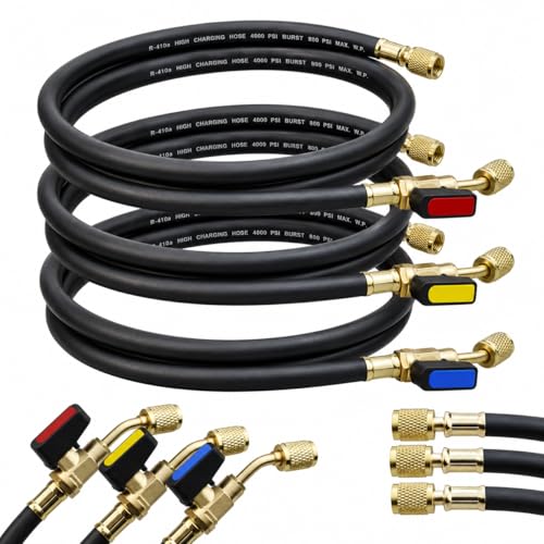 AC Hose Kit & HVAC Hoses 3-Pack 72 Low Loss Refrigerant Hoses with Ball Valves 1/4 SAE Flare for R134A R410A R12 R22 R502 R1234yf AC Recharge Manifold Hose & HVAC Tools 800 PSI