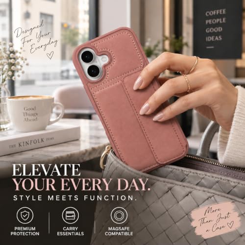 Image of amazon basics Luxury Vegan Leather Back Cover for iPhone 16 | Built-in Card Holder Slot | Integrated Mobile Stand | Slim Shockproof Protective Case with Stitched Finish - Pink