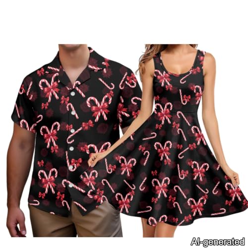 Image of Dreaweet Summer Dresses for Women A-Line Sleeveless Flowy Sun Dresses,Men's Casual Button-Down Shirts,Couple Matching Outfits