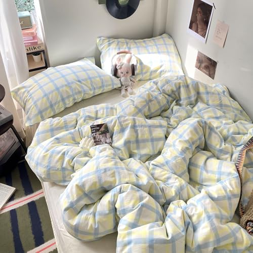 Image of EAVD Buffalo Plaid Duvet Cover Queen Soft Washed Cotton Bedding Set Yellow Blue Grid Checkered Bedding Set with 2 Pillowcases Vintage Style Gingham Duvet Cover with Zipper Closure