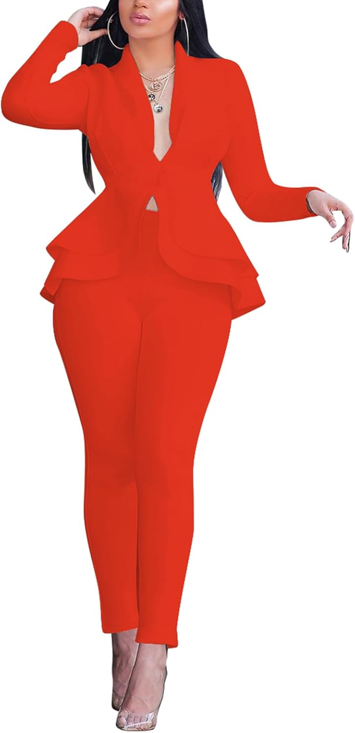 Women's Deep V Neck Ruffle Blazer Two Piece Outfits Sets Long Sleeve Long Pants Bodycon Business Suit Set