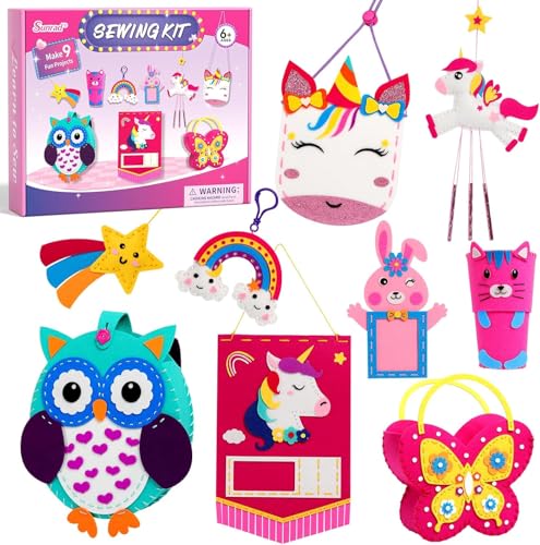 Sunrad Sewing Kit for Kids Toys for Ages 6-12 Girls 9 Easy DIY Projects of Animal Felt Craft with Unicorn Owl Arts & Crafts for Beginner Gift for Girls Aged 6+ Suitable for Learning Sewing