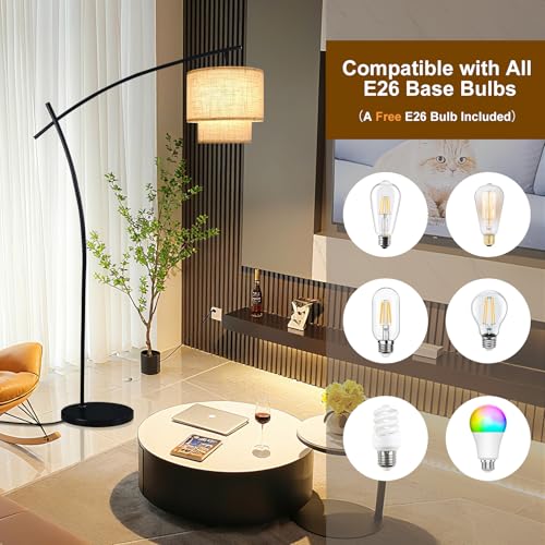 Image of Lightdot Arc Floor Lamp for Living Room, Modern Standing Tall Lamps with Double Linen Shade, Tall Hanging Pole Lamp with Stable Base & Bulb Included for Bedroom /Sofa Beside /Corner Decor-Black