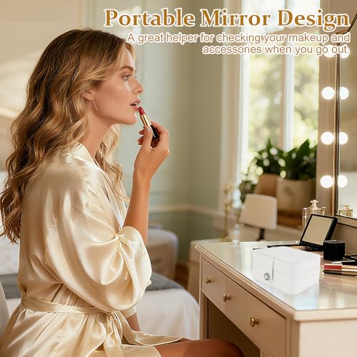 BELICOO Jewellery Box, Small Travel Jewelry Organiser with Mirror, PU Leather Jewellery Storage for Earring Rings Necklaces Bracelets, Gifts for Women - White - Image 6