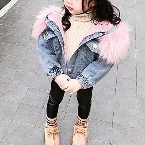 EISHOW Toddler Baby Girls Denim Jacket Faux Fur Collar Hooded Jean Coat Warm Thicken Fleece Lined Plush Jean Outwear Snowsuit4
