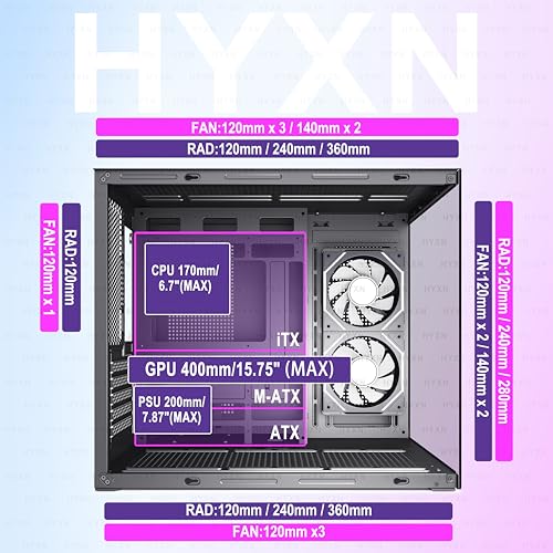 Image of H3 HYXN ATX PC Case - Pre-Installed with 6 Infinity Mirror PWM ARGB Fans - Compact Dual Cavity Mid-Tower PC Gaming Case - with Type-C 3.2-360mm Radiator Support, Black