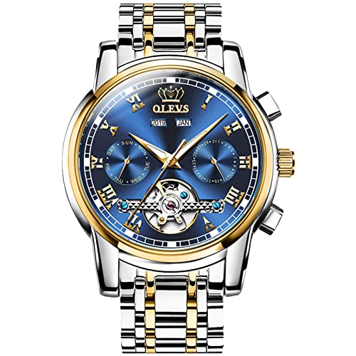 Mechanical Watches for Men,Two-Tone Stainless Steel Waterproof Tourbillon Skeleton Self-Winding Mens Watch Automatic Luminous Calendar Blue Dial Watches Men(No Battery) Mechanical Watches for Men,Two-Tone Stainless Steel Waterproof Tourbillon Skeleton Self-Winding Mens Watch Automatic Luminous Calendar Blue Dial Watches Men(No Battery)