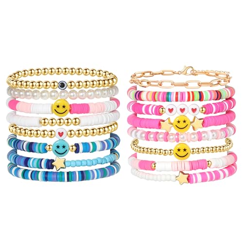 Image of Preppy Bracelets Set Colorful White Gold Smile Heart Star Polymer Beaded Pearl Clay Stackable Charm Y2K Kidcore Aesthetic Summer Beach Bohemian Stretch Layering Bracelets Jewelry for Girls Women Teens