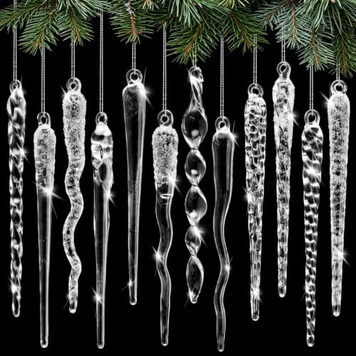 Seematn 18 Pcs Clear Christmas Glass Ornaments Twist Icicle Drop Ornaments