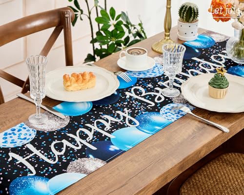 Image of Letjolt Silvery Blue Balloon Happy Birthday Table Runner 72 Inches (Pack of 2)