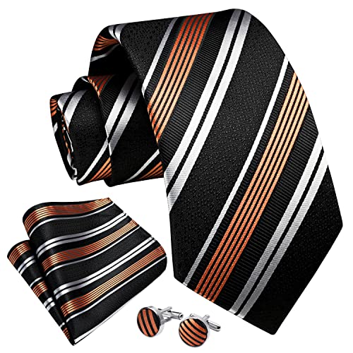 Image of Enlision Mens Ties Stripe Tie and Pocket Square Set Classic Formal Woven Neckties Handkerchief Cufflinks Wedding