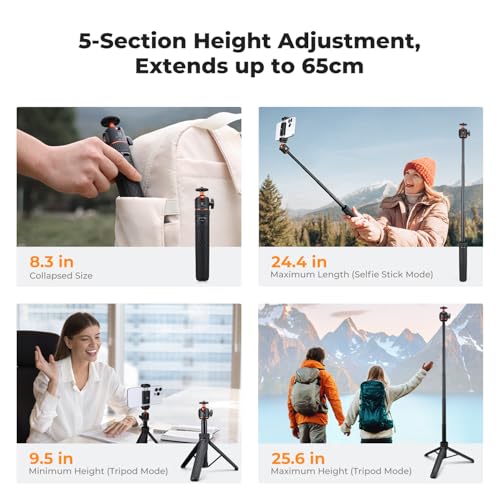 Image of K&F CONCEPT 25.6'' Mini Selfie Stick Tripod Stand, 5 Levels 360 Ball Head Pocket Tripod with Cold Shoe, Small Tripod Compatible with DJI Osmo Pocket 3 Action 5 Pro GoPro Hero13 Smartphone.