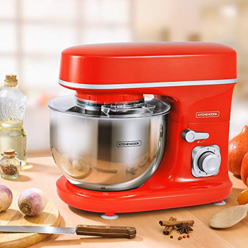 Kitchencook - Robot Pétrin 5l - 1300w - 6 Intensités - Bol Amovible Acier Inoxydable - Crochet à Pâte - Fouet à Fils - Rouge