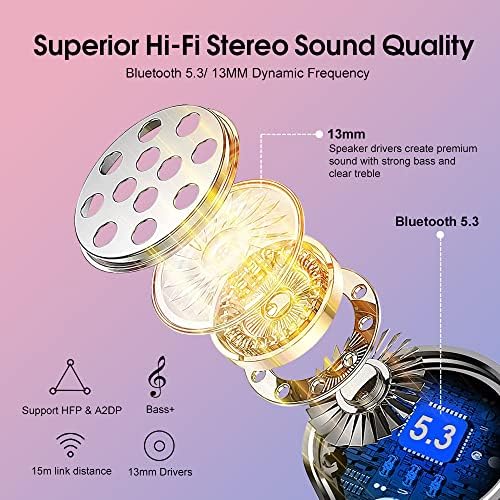 Wireless Earbuds, Mini Bluetooth 5.3 Headphones HiFi Stereo, Wireless Earphones with ENC Noise Cancelling Mic, Touch Control, Type-C Charging, IPX7 Waterproof in Ear Wireless Headphones Rose Gold