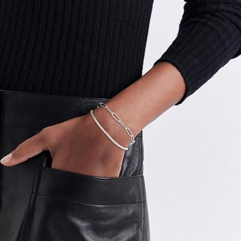 2PCS 925 Sterling Silver Bracelet Set - Paper Clip Chain & Multi-Layer Design, Trendy Women's Jewelry for Party & Daily Wear3