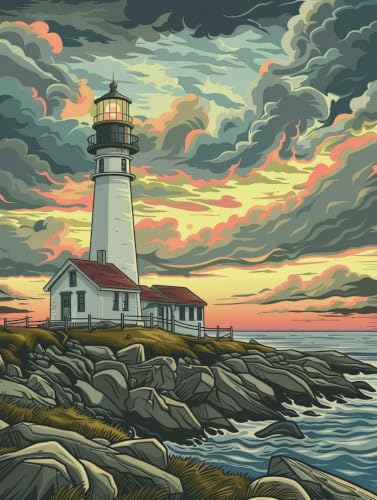 Regalo mujer original pintura por números adultos de paisaje marino con faro 60x80