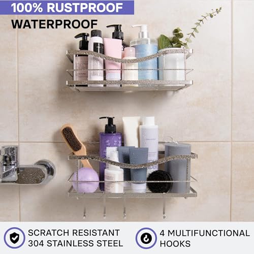 KINCMAX Shower Shelves 2-Pack - Self Adhesive Caddy with 4 Hooks - No Drill Large Capacity Stainless Steel Wall Shelf - Aesthetic Organiser for Inside Bathroom - Polished Silver - Cosy Home Interiors KINCMAX Shower Shelves 2-Pack - Self Adhesive Caddy with 4 Hooks - No Drill Large Capacity Stainless Steel Wall Shelf - Aesthetic Organiser for Inside Bathroom - Polished Silver - Image 5