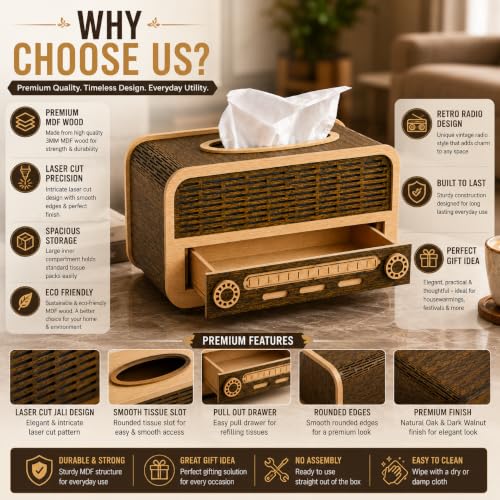 Image of Retro Radio Wooden Tissue Box with Storage Drawer MDF Napkin Holder for Home, Office & Car Vintage Desktop Organizer