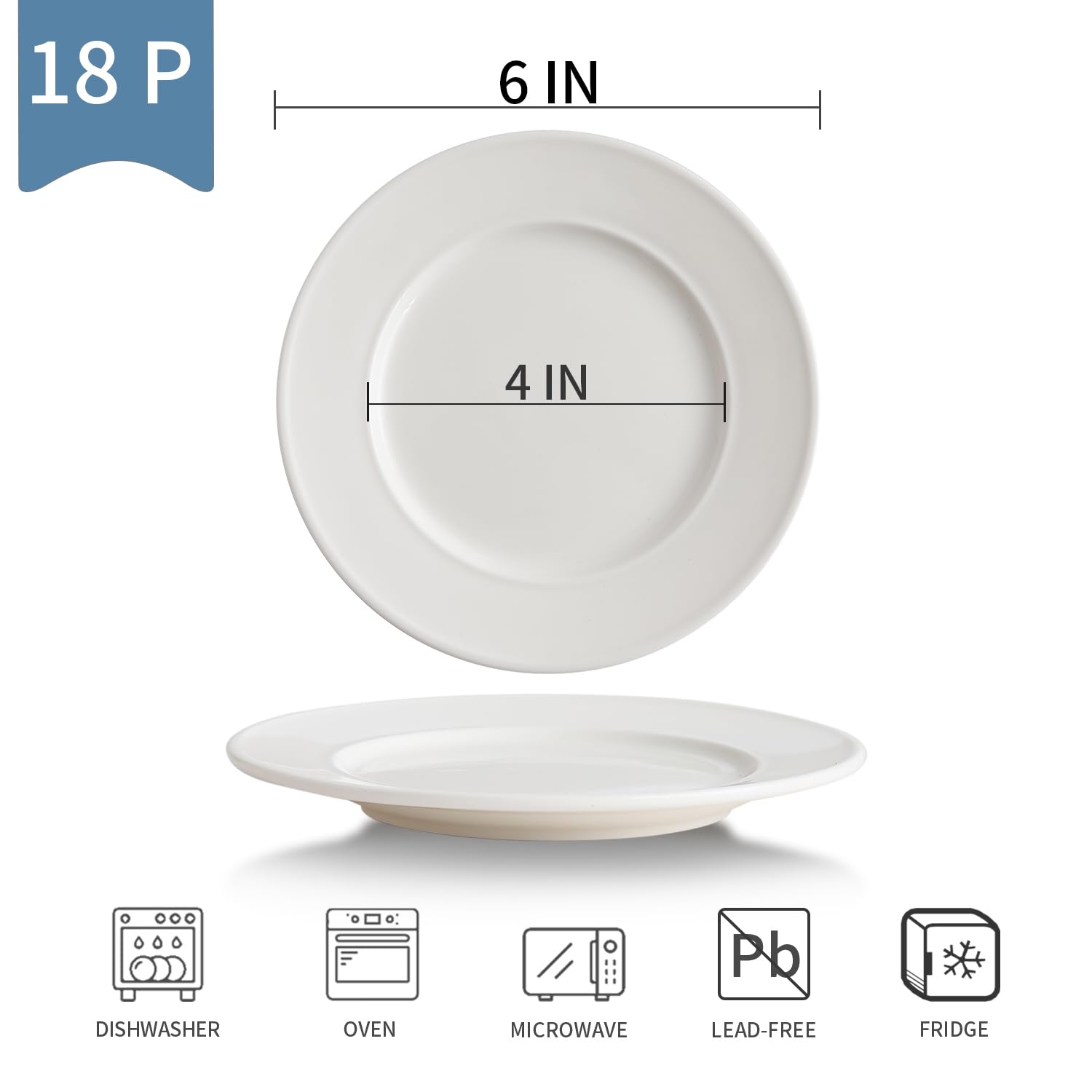18 piatti piani in porcellana da 15,2 cm, piccoli piatti da dessert, antipasti, set di stoviglie rotonde, resistenti ai graffi, adatti a microonde, forno e lavastoviglie, bianco