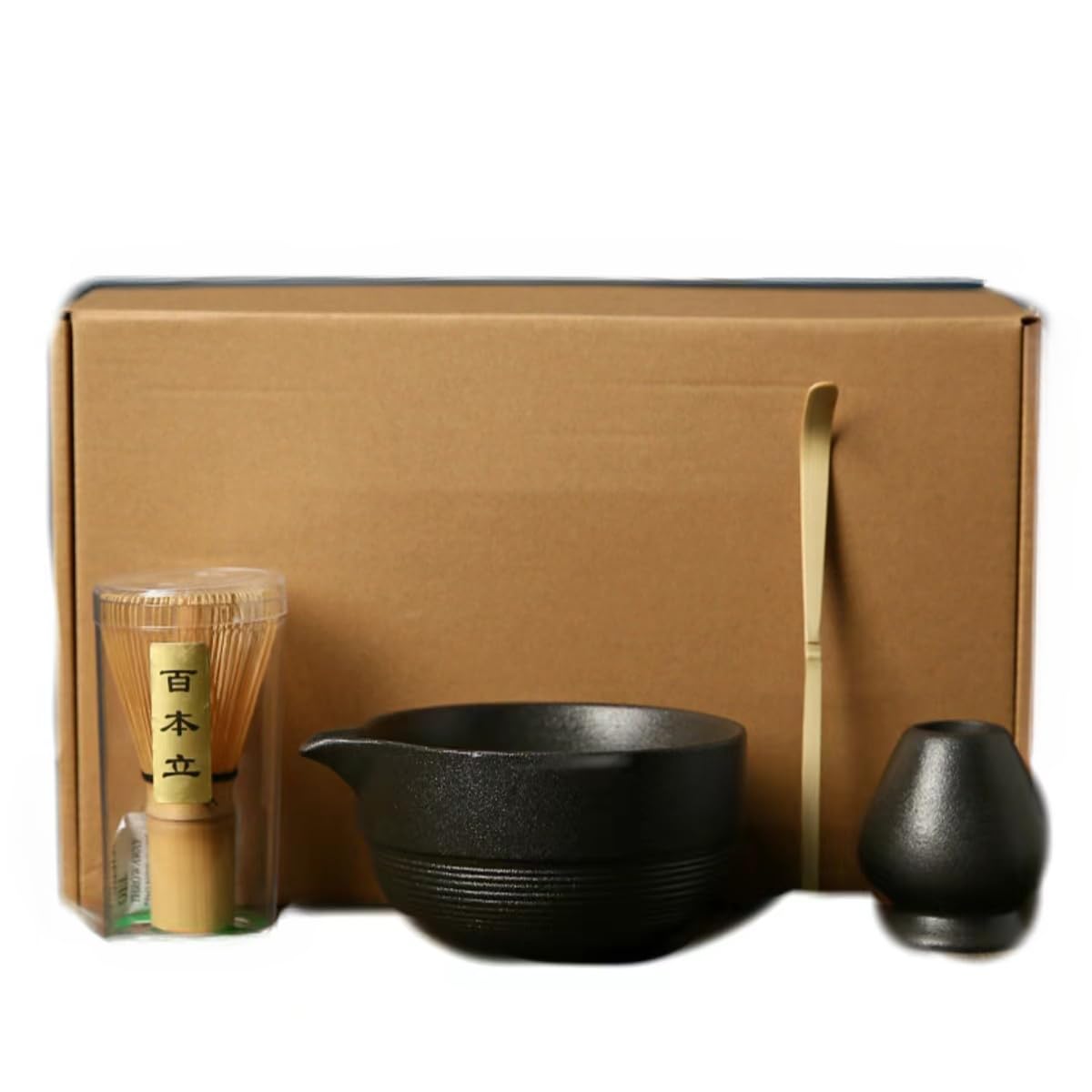 4 Pcs Japanese Matcha Set Matcha Whisk Set Matcha Bowl Matcha Whisk (chasen) Scoop (chashaku) Matcha Whisk Holder Tea Making Kit (Black)