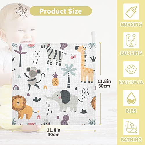 Image of Cute Exotic Animals Burp Cloths for Boys Girls, Monkey Elephant Baby Muslin Washcloths Cartoon Lion Giraffe Zebra Soft Absorbent Face Bath Towel Kids Wash Cloth 12x12 Inch, 3 Pack