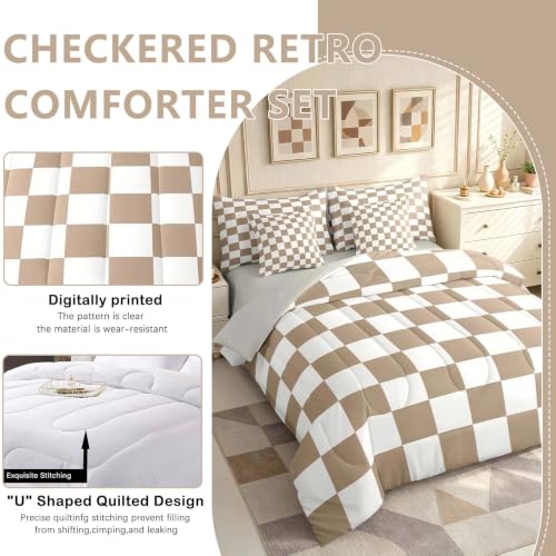 Image of Feelyou Checkered Queen Comforter Set with Sheets for Kids Boys Girls Brown Plaid 7 Pieces Bedding Set Vintage Checkerboard Geometric Bed in a Bag Reversible Grey Room Decor Soft
