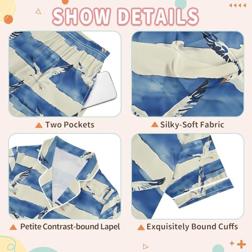 senya Seagull and Wave O Satin Summer Pajama Sets Silk Short Sleeve Button Down Sleepwear3