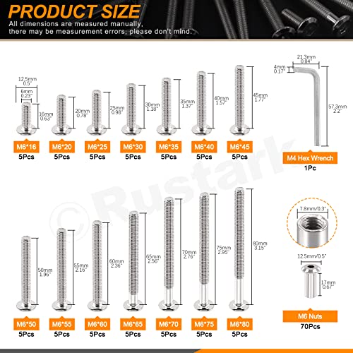 Rustark 141Pcs M6X16Mm-80Mm 14 Sizes Furniture Joint Connector Bolt & Cap Nut Assortment Kit Flat Hex Socket Cap Bolts Screw Posts For Furniture Chair Crib Belt Leather Binding #TOP1