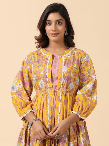 Image of SAVI Women's Cotton Printed Kurta Pant Set with Flared Shrug | Yellow & Pink Floral Print Ethnic Co-Ord Set | 3 /4 Sleeve Round Neck Traditional Outfit for Women & Girls