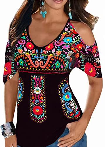 Melliflo Women Embroidered Cold Shoulder Tops Casual Peasant Blouses Summer Short Sleeve Mexican Shirts